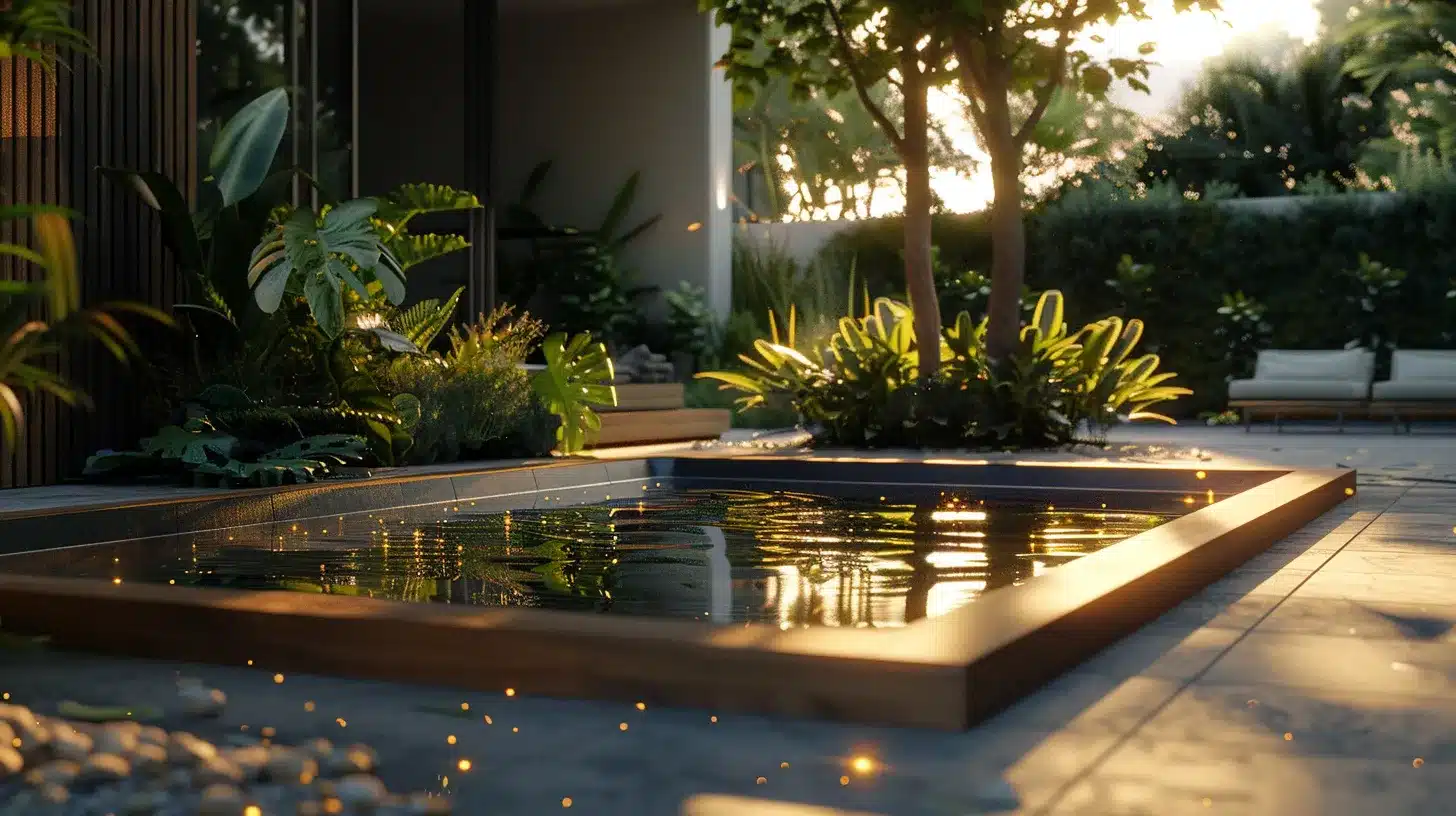 a modern, eco-friendly pool installation is showcased in a sleek, contemporary backyard setting, featuring sustainable materials and energy-efficient elements under crisp afternoon light.