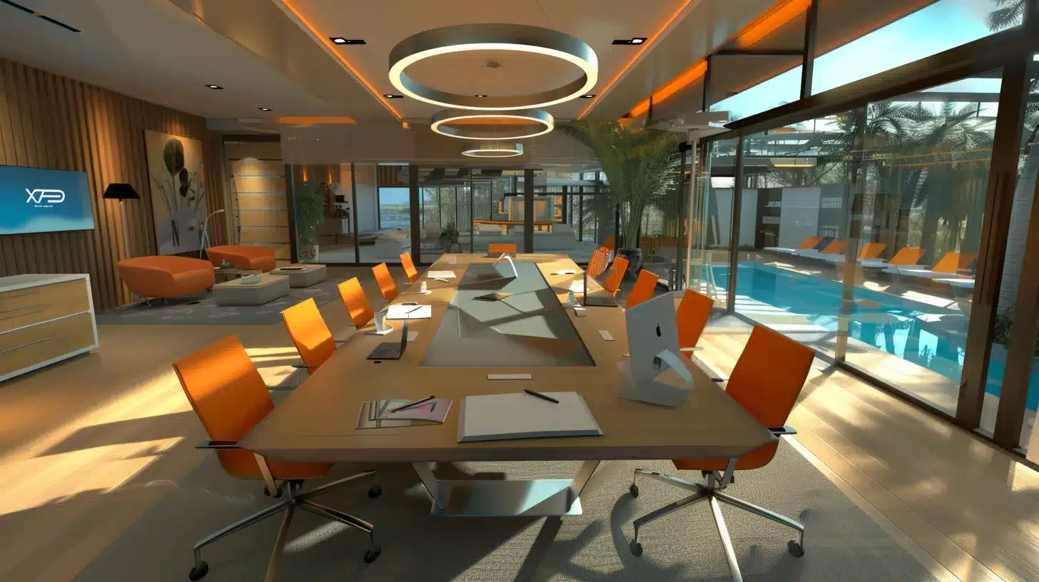a modern office interior features a sleek conference table surrounded by industry awards and vibrant pool design plans, highlighting a discussion on the best pool builders in the woodlands, tx.