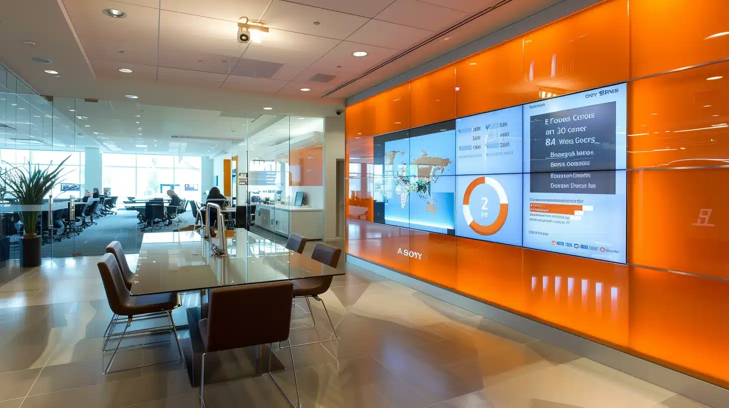 a sleek, modern office space with a stylish conference table displays a large, detailed infographic on pool construction costs, emphasizing clarity and professionalism in a bustling business environment.