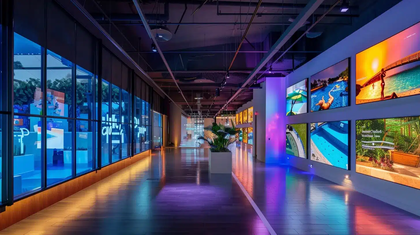 a sleek, modern office space filled with engaging displays of vibrant pool designs and builders' accolades, showcasing customer feedback and ratings on digital screens illuminated by soft, ambient lighting.