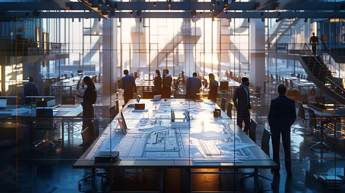 a sleek, modern office workspace with a large conference table, complete with blueprints and design plans spread out, as a focused group of professionals in business attire engage in a serious discussion about the essential criteria for hiring a pool builder.
