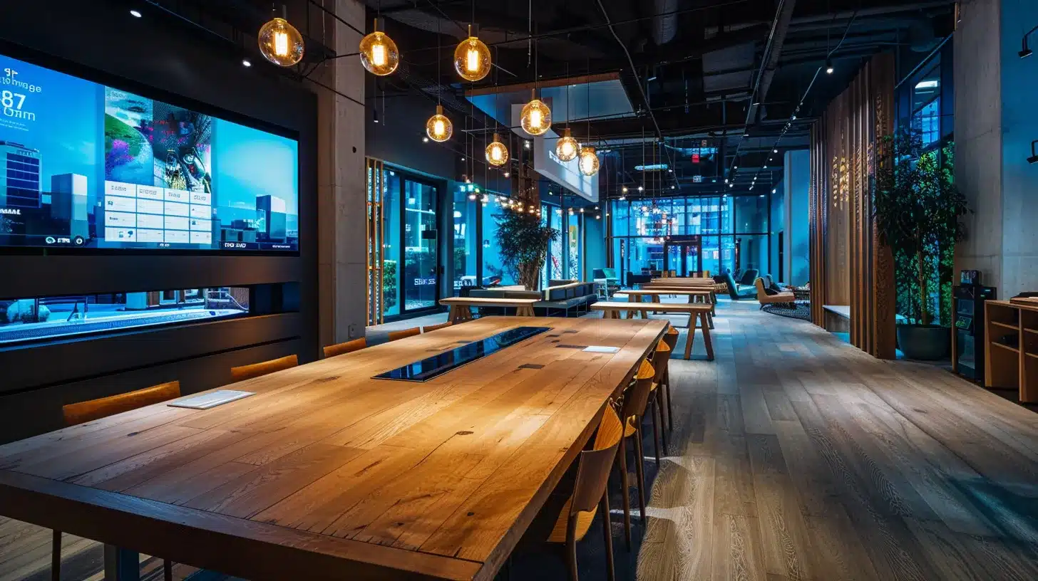 a sleek urban office space featuring a modern conference table with a digital display showcasing a comparative analysis of top pool builders’ pricing and quality, illuminated by elegant pendant lights.