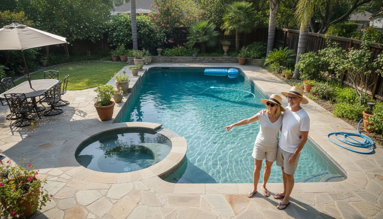 Couple admiring custom backyard pool oasis
