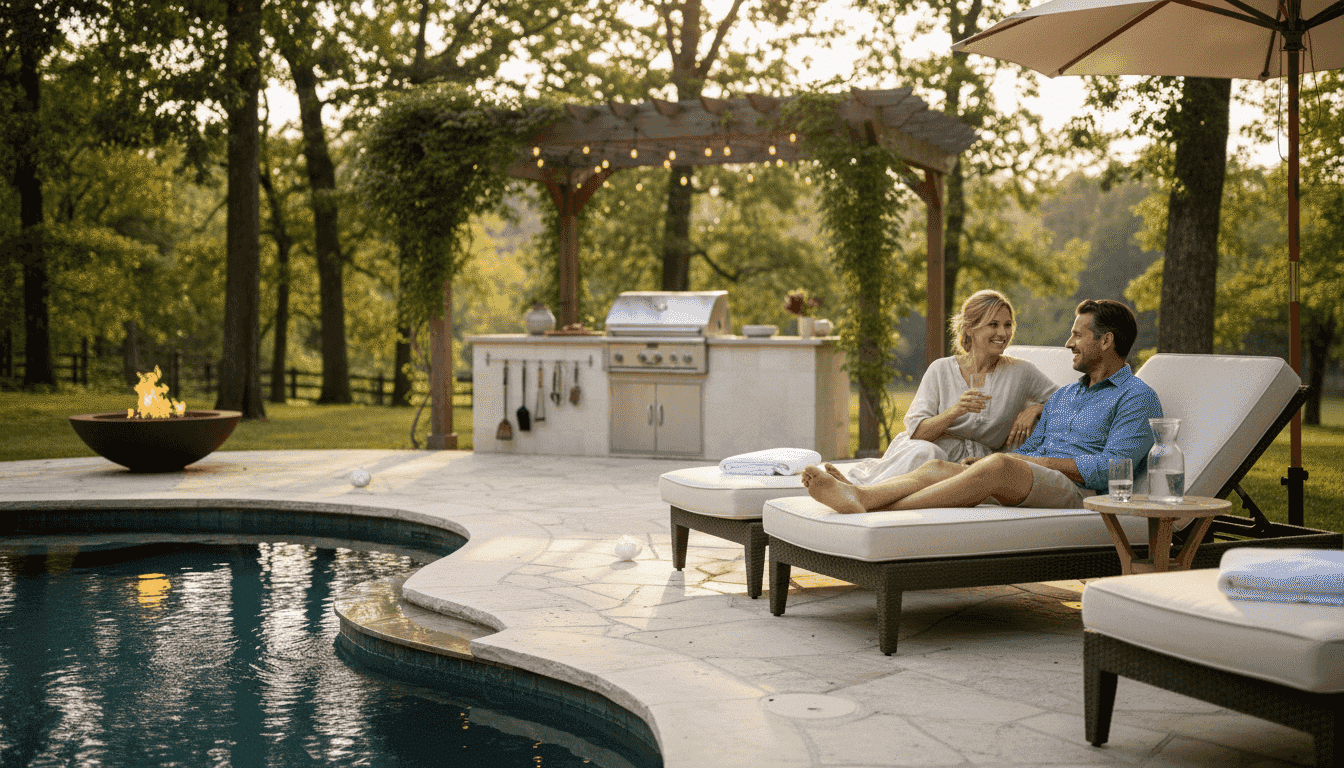 Luxury backyard with pool, fire pit, and pergola