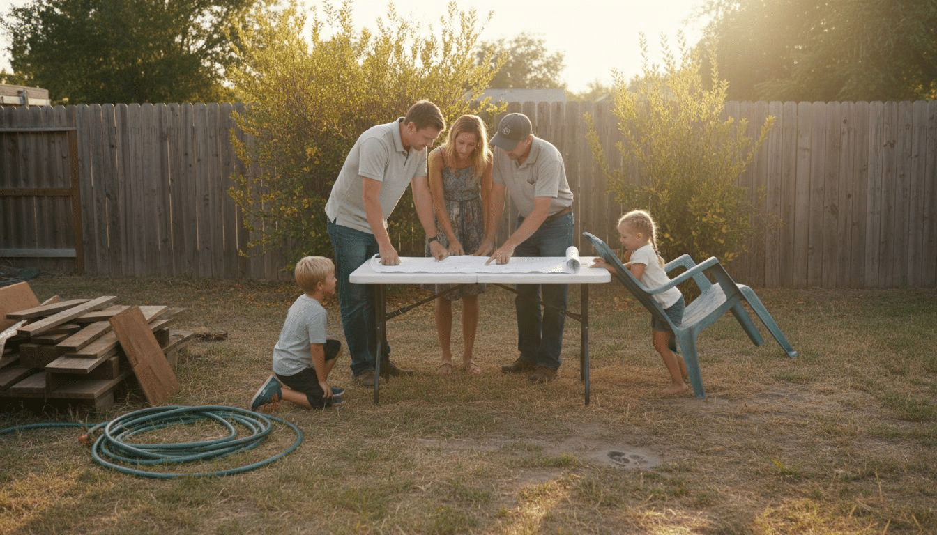 Family consults with pool builder in backyard